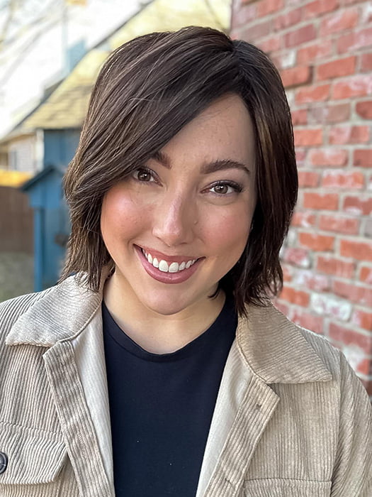 Jen Brown @being_mrs_brown wearing ESPRIT by ELLEN WILLE in color DARK-CHOCOLATE-ROOTED 6.30.4 | Dark Brown Base with Light Reddish Brown Highlights with Dark Roots