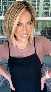 Kristyna Moore @kristynamoore wearing EURO CHIC by TRESSALLURE in color EL17/23/R8 | Pale Auburn Beige Blonde Blend, Rooted Medium Brown, Highlighted Light Blonde with face framimg highlights