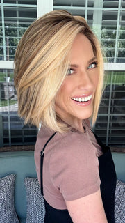 Kristyna Moore @kristynamoore wearing EURO CHIC by TRESSALLURE in color EL17/23/R8 | Pale Auburn Beige Blonde Blend, Rooted Medium Brown, Highlighted Light Blonde with face framimg highlights