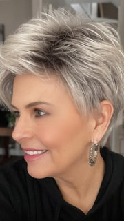 Donna @style.me.ageless wearing SPRING HI by ELLEN WILLE in color PLATINUM BLONDE ROOTED | Pearl Platinum, Light Golden Blonde, and Pure White Blend