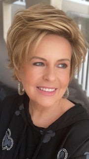 Donna @style.me.ageless wearing RELAX by ELLEN WILLE in color TOBACCO ROOTED 8.27.26 | Medium Brown, Dark Strawberry Blonde, and Light Golden Blonde Blend with Shaded Roots