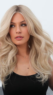 Roxie wearing color GF19-23SS BISCUIT | Light Ash Blonde Evenly Blended with Cool Platinum Blonde with Dark Roots