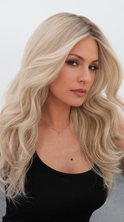 Roxie wearing READY FOR IT by GABOR in GF19-23SS BISCUIT | Light Ash Blonde Evenly Blended with Cool Platinum Blonde with Dark Roots