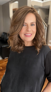 Donna @style.me.ageless wearing PANACHE WAVEZ by RENE OF PARIS in color MARBLE-BROWN | Medium Brown and Light Honey Brown Evenly Blended