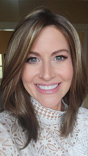 Natalie Gray @vanish.into.thin.hair wearing FALLON by ESTETICA in color CKISSRT4 | Golden Brown with Copper Blonde Highlights and Dark Brown Roots