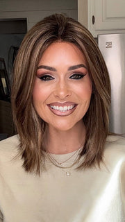 Crystal @crystallhoneycutt wearing FALLON by ESTETICA in color CKISSRT4 | Golden Brown with Copper Blonde Highlights and Dark Brown Roots