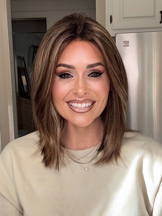 Crystal @crystallhoneycutt wearing FALLON by ESTETICA in color CKISSRT4 | Golden Brown with Copper Blonde Highlights and Dark Brown Roots