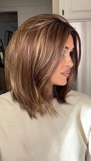 Crystal @crystallhoneycutt wearing FALLON by ESTETICA in color CKISSRT4 | Golden Brown with Copper Blonde Highlights and Dark Brown Roots