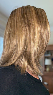 Eileen @crazywiglady is wearing FALLON by ESTETICA in color  RH12/26RT4 | Light Brown with Fine Golden Blonde Highlights And Dark Roots