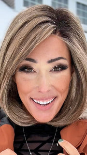 Nichole Corbett @nicholealee wearing FLYING SOLO by RAQUEL WELCH in color RL11/25SS SHADED HONEY PECAN | Chestnut Brown base blends into multi-dimensional tones of Brown and Golden Blonde