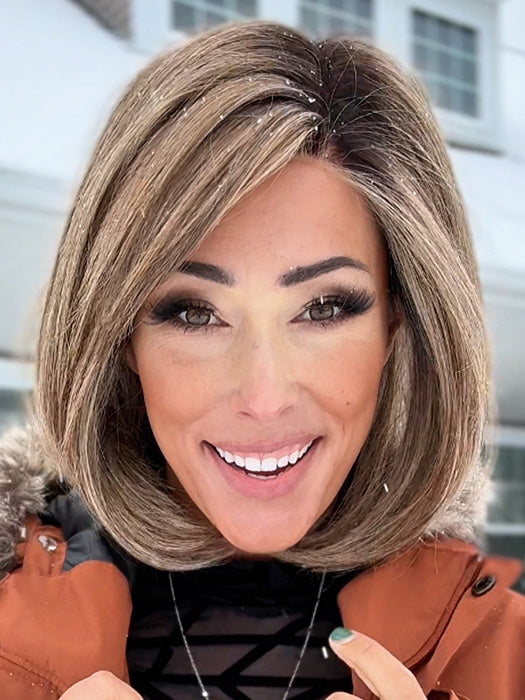 Nichole Corbett @nicholealee wearing FLYING SOLO by RAQUEL WELCH in color RL11/25SS SHADED HONEY PECAN | Chestnut Brown base blends into multi-dimensional tones of Brown and Golden Blonde