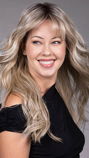 Model is wearing GAIA in BUTTER BEER R | Dark Brown Base and Root that transitions smoothly into a buttery blonde, infused with creamy honey and toffee tones