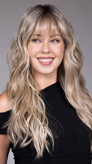 Model is wearing GAIA in BUTTER BEER R | Dark Brown Base and Root that transitions smoothly into a buttery blonde, infused with creamy honey and toffee tones