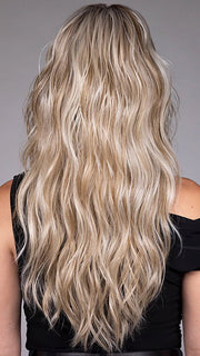 Model is wearing GAIA in BUTTER BEER R | Dark Brown Base and Root that transitions smoothly into a buttery blonde, infused with creamy honey and toffee tones