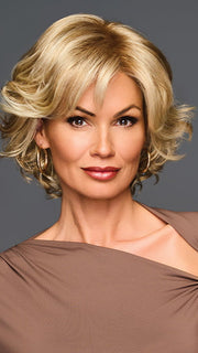 Model is wearing BUOYANT in GL14-22SS | SS SANDY BLONDE | Dark golden blonde base blends into multi-dimensional tones of medium gold blonde and light beige blonde. 