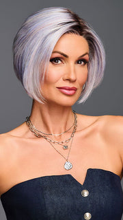 Model is wearing DARE TO DREAM by GABOR in color GF39-61SS SS BLUE VIOLET |  Blue Violet mixed with Silver Gray shaded with Dark Brown