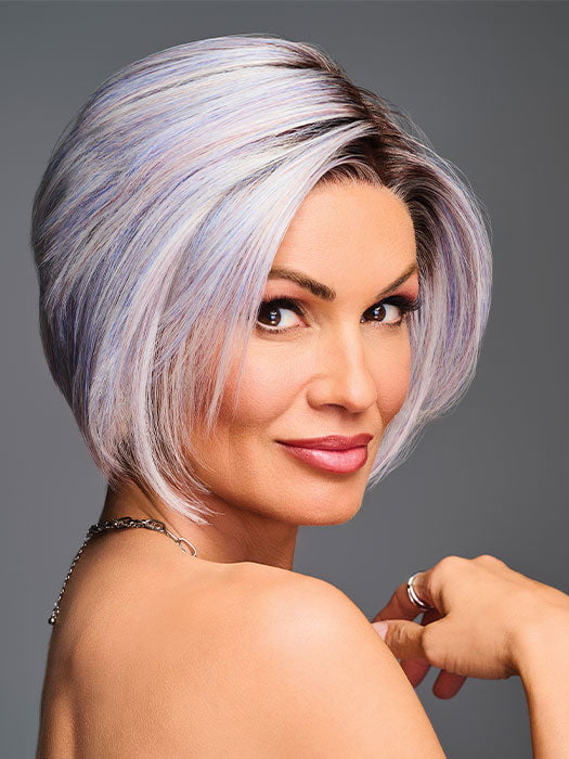 Model is wearing DARE TO DREAM by GABOR in color GF39-61SS SS BLUE VIOLET |  Blue Violet mixed with Silver Gray shaded with Dark Brown