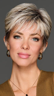 Model wearing JAW DROPPER in color GF19-23SS BISCUIT | Light Ash Blonde Evenly Blended with Cool Platinum Blonde with Dark Roots