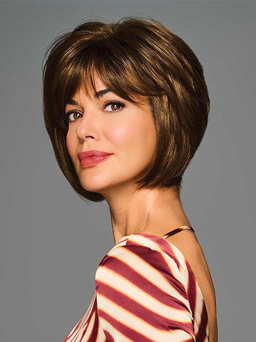 Model is wearing JOVIALITY in color GL8-10 DARK CHESTNUT | Rich, Dark Brown with Coffee Highlights