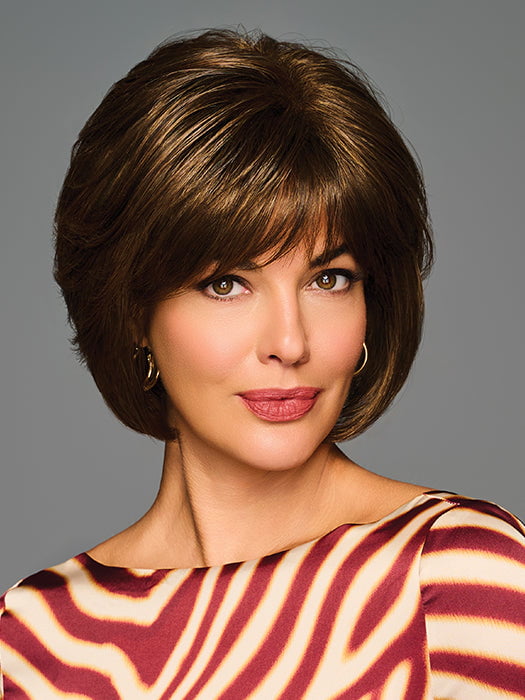 Model is wearing JOVIALITY in color GL8-10 DARK CHESTNUT | Rich, Dark Brown with Coffee Highlights