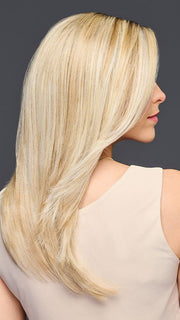 Model is wearing MIRROR MOMENT by GABOR in color GF19-23SS BISCUIT | Light Ash Blonde Evenly Blended with Cool Platinum Blonde with Dark Roots