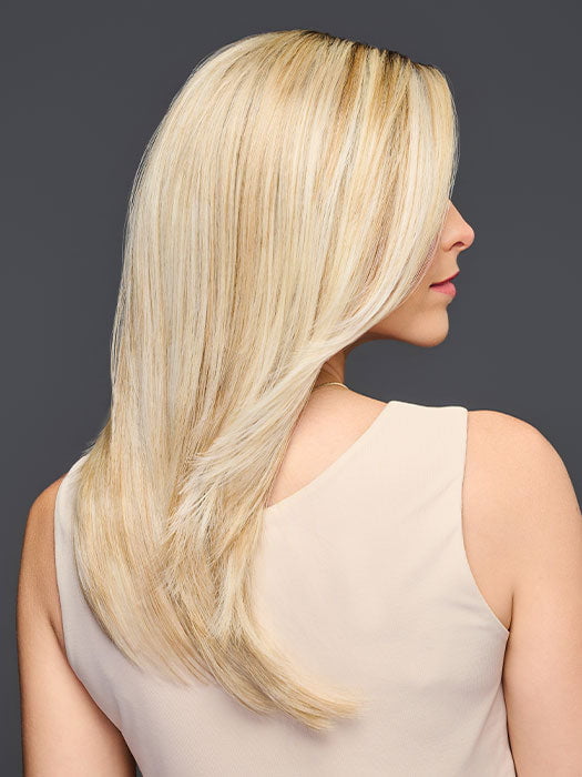 Model is wearing MIRROR MOMENT by GABOR in color GF19-23SS BISCUIT | Light Ash Blonde Evenly Blended with Cool Platinum Blonde with Dark Roots