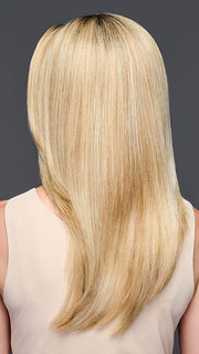 Model is wearing MIRROR MOMENT by GABOR in color GF19-23SS BISCUIT | Light Ash Blonde Evenly Blended with Cool Platinum Blonde with Dark Roots