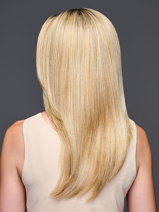 Model is wearing MIRROR MOMENT by GABOR in color GF19-23SS BISCUIT | Light Ash Blonde Evenly Blended with Cool Platinum Blonde with Dark Roots