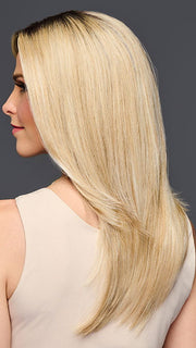 Model is wearing MIRROR MOMENT by GABOR in color GF19-23SS BISCUIT | Light Ash Blonde Evenly Blended with Cool Platinum Blonde with Dark Roots
