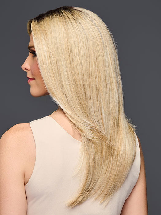 Model is wearing MIRROR MOMENT by GABOR in color GF19-23SS BISCUIT | Light Ash Blonde Evenly Blended with Cool Platinum Blonde with Dark Roots