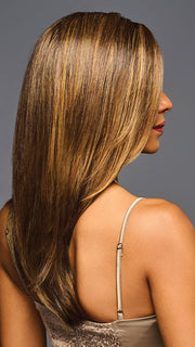 Model is wearing GF8-29SS SHADED HAZELNUT | Medium Brown With Ginger Red Highlights & Dark Brown Roots