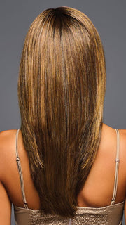 Model is wearing GF8-29SS SHADED HAZELNUT | Medium Brown With Ginger Red Highlights & Dark Brown Roots