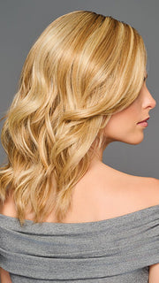 Model is wearing RAISE THE BAR in color GF14-22SS SS WHEAT| Dark Blonde Evenly Blended with Platinum Blonde with Dark Roots