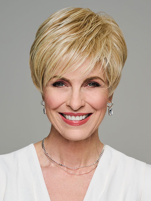 Model is wearing DREAM DEBUT in LIGHT-BLONDE | Medium Blonde Streaked with Pale Gold Highlights