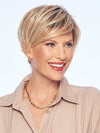 Model is wearing FRIENDSHIP by GABOR in color SS-LIGHT-BLONDE | Light Blonde with Golden Highlights & Dark Brown Roots