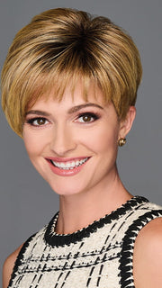 Model is wearing GRACEFUL TOUCH by GABOR in color SS-MEDIUM-BLONDE | Medium Blonde with Warm Highlights & Dark Brown Roots