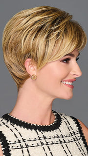 Model is wearing GRACEFUL TOUCH by GABOR in color SS-MEDIUM-BLONDE | Medium Blonde with Warm Highlights & Dark Brown Roots