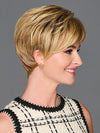 Model is wearing GRACEFUL TOUCH by GABOR in color SS-MEDIUM-BLONDE | Medium Blonde with Warm Highlights & Dark Brown Roots