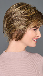 Model is wearing WONDERFUL WIT by GABOR in color BROWN-BLONDE | Medium to Light Brown with Salon Highlights