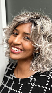 Sophia wearing color STONE-GREY-ROOTED 56.60.58 | Dark/Lightest Brown and Lightest Blonde blended with Pearl White and a Grey Blend with Shaded Roots