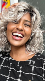 Sophia wearing GIRL MONO by ELLEN WILLE in STONE-GREY-ROOTED 56.60.58 | Dark/Lightest Brown and Lightest Blonde blended with Pearl White and a Grey Blend with Shaded Roots