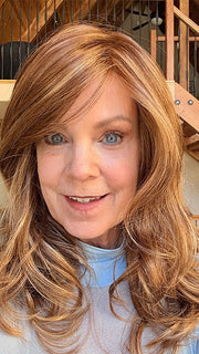 Susan @an_affair_with_hair wearing GISELE by JON RENAU in color FS27 STRAWBERRY SYRUP | Medium Red-Gold Blonde with Gold Blonde Bold Highlights