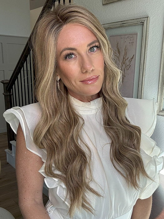 Jenny B. @thewiggygirl is wearing GLAMOUR AND MORE by RAQUEL WELCH in color SS12/22 SHADED CAPPUCCINO | Light Golden Brown Evenly Blended with Cool Platinum Blonde Highlights and Dark Roots (heat styled into waves)