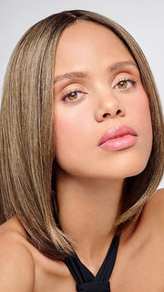 Model is wearing HD 10in AU NATUREL TOPPER in color SS8/12 ICED MOCHA | Medium Brown shaded with Dark 