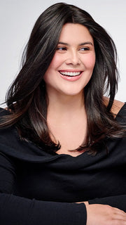 Model is wearing HD 14IN AU NATUREL TOPPER in color R2/4 | Darkest Brown and Dark Brown Blend