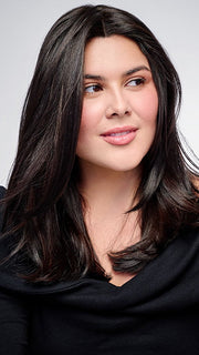 Model is wearing HD 14IN AU NATUREL TOPPER in color R2/4 | Darkest Brown and Dark Brown Blend