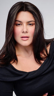 Model is wearing HD 14IN AU NATUREL TOPPER in color R2/4 | Darkest Brown and Dark Brown Blend