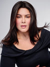 Model is wearing HD 14IN AU NATUREL TOPPER in color R2/4 | Darkest Brown and Dark Brown Blend