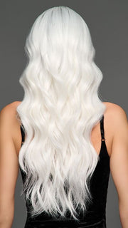 Model is wearing ETHEREAL ICE | Natural dark roots melt into an icy white shade for a beautiful contrast. 