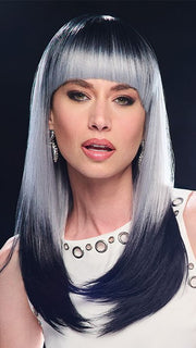Model is wearing MIDNIGHT MOONLIGHT | Deep roots fade into a luminous silver-grey with inky dip-dyed ends.